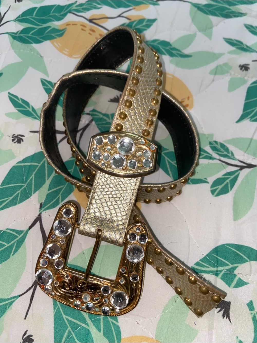 1986 St. Maarten Dallas Gold Metallic Rhinestone Studded Western Belt 34”